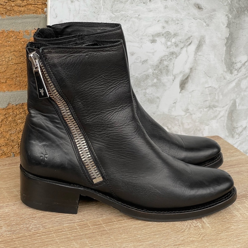Frye Women's Demi Zip Bootie in black polished soft full-grain leather size 8